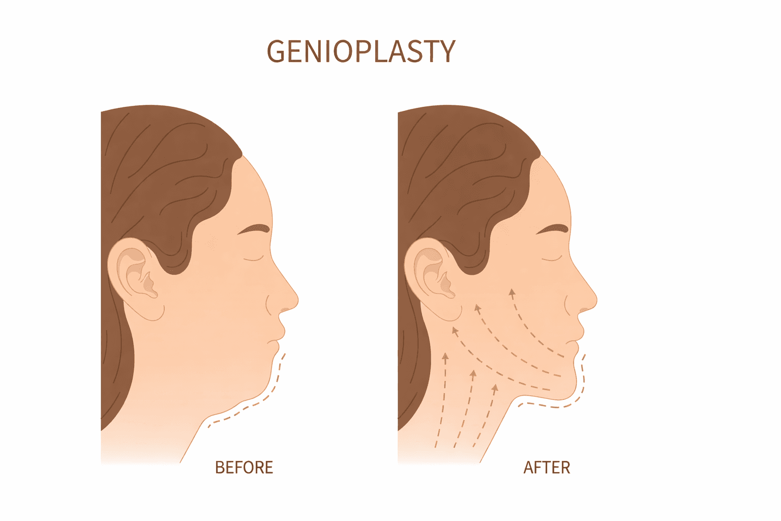 Before-and-after side-profile illustration of genioplasty showing improved chin projection and jawline contour.