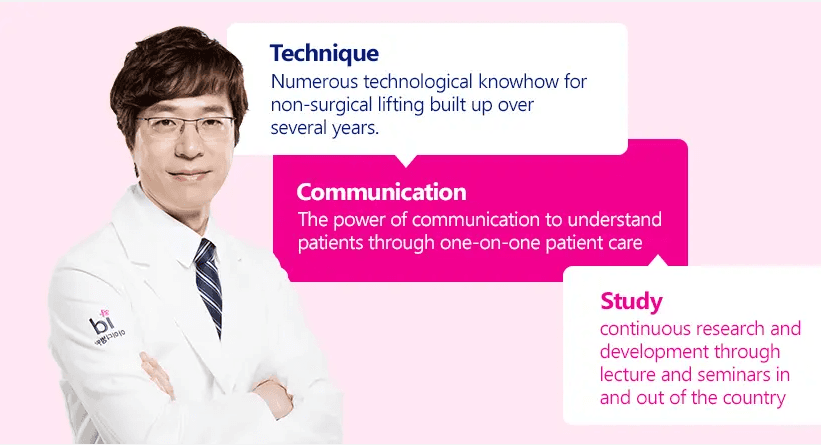 A doctor in a white coat beside text describing surgical technique, patient communication, and ongoing study and research.