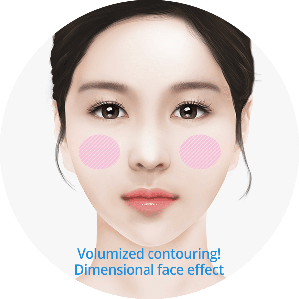 Illustration of a front-facing face with highlighted cheeks showing volumized contouring for a more dimensional facial appearance.